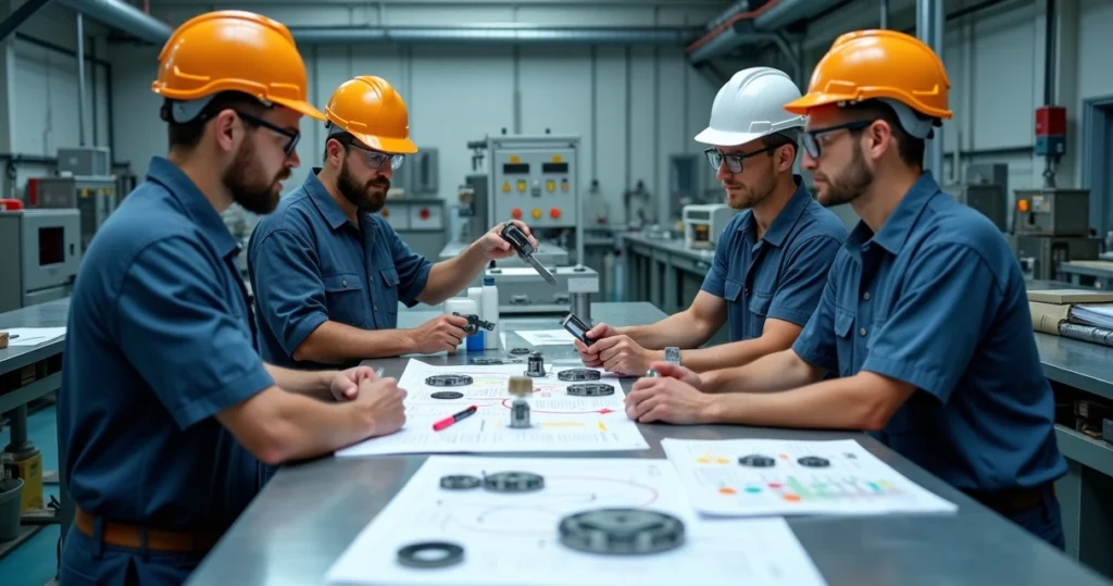 Equipe industrial analisa peças e desperdícios sobre bancada para reduzir custos mantendo qualidade