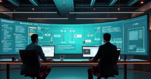 Dois operadores monitoram painel digital com fluxo automatizado de processos industriais