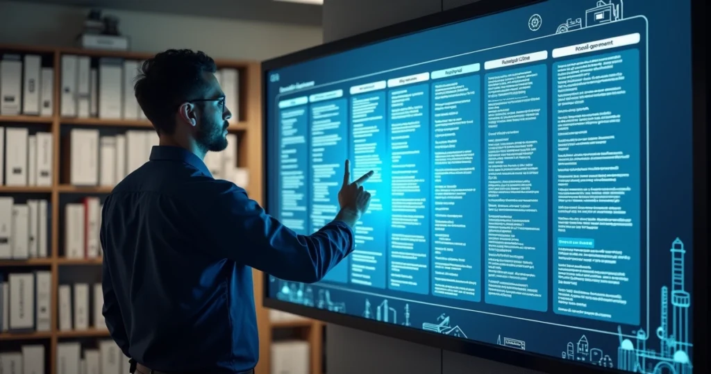 Gestor consulta grande painel digital com registros de lições aprendidas ao lado de estantes de arquivos físicos