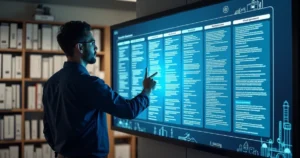 Gestor consulta grande painel digital com registros de lições aprendidas ao lado de estantes de arquivos físicos