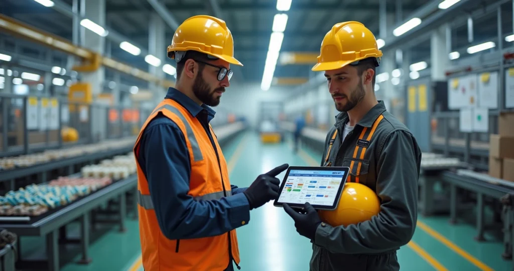 Gestor de projetos conversa com operador ao lado de linha de produção em funcionamento