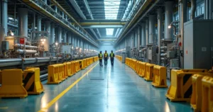 Corredor de fábrica com área em operação e obra isolada por barreiras