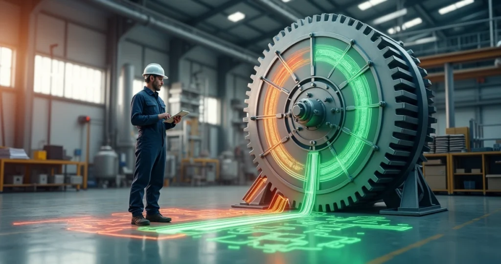 Engenheiro observa diagrama de caminhos de manutenção sobre grande engrenagem em chão de fábrica