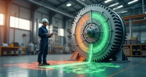 Engenheiro observa diagrama de caminhos de manutenção sobre grande engrenagem em chão de fábrica