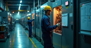 Técnico de manutenção em turno noturno inspeciona equipamento industrial com painel iluminado