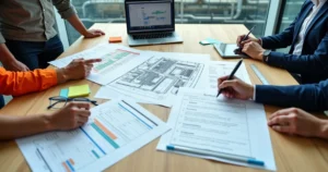 Mesa de reunião com planta industrial e materiais de planejamento de projeto