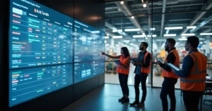 equipes industriais analisando painel de execução com indicadores de S&OE