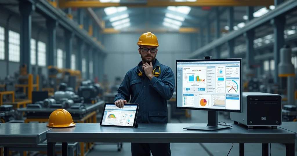 Engenheiro de manutenção compara aplicativo em tablet com painel de sistema dedicado em fábrica
