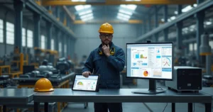 Engenheiro de manutenção compara aplicativo em tablet com painel de sistema dedicado em fábrica