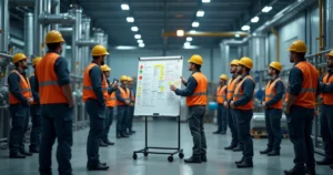 Líder de manutenção conduzindo reunião de gestão visual com equipe no chão de fábrica