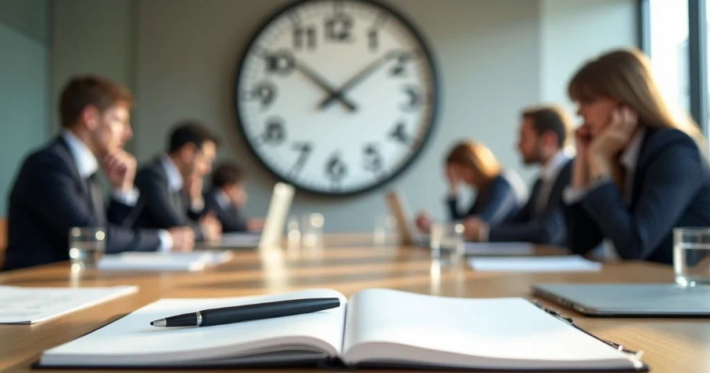 Mesa de reunião com bloco de notas em destaque ligado a um grande relógio na parede