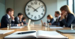 Mesa de reunião com bloco de notas em destaque ligado a um grande relógio na parede