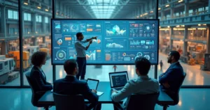Equipe industrial analisa tela cheia de gráficos digitais desconectados da realidade da fábrica