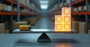 Balança industrial comparando peça barata e custos ocultos ao fundo de fábrica