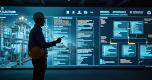 Engenheiro analisa digital twin de ativos industriais com taxonomia estruturada na tela