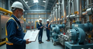 Engenheiro em planta industrial analisando prancheta de testes de comissionamento