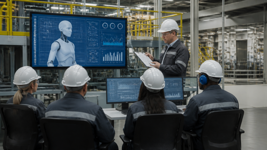 Equipe industrial acompanhando treinamento operacional digital com avatar em ambiente de fábrica