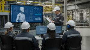 Equipe industrial acompanhando treinamento operacional digital com avatar em ambiente de fábrica