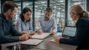 Equipe industrial analisando contrato de suprimentos e cronograma de entregas em reunião.