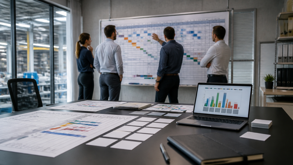 Equipe técnica e gestores analisando capacidade de pessoas em um portfólio de projetos industriais