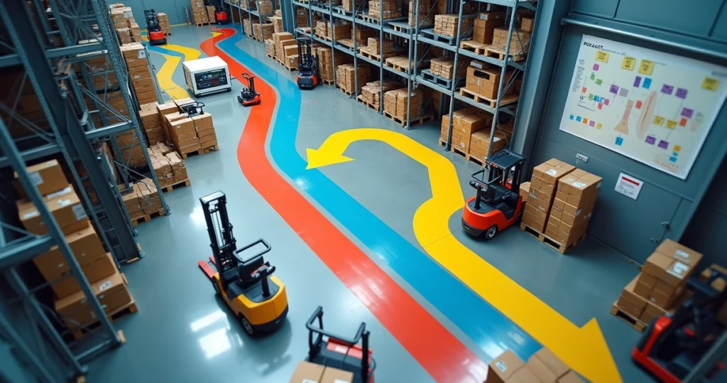 Vista aérea de setor industrial com fluxo interno de materiais confuso destacado por rotas coloridas