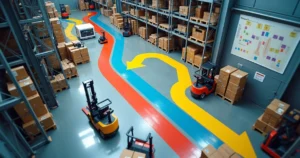 Vista aérea de setor industrial com fluxo interno de materiais confuso destacado por rotas coloridas