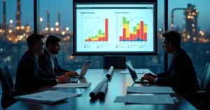 Diretores analisam matriz de riscos de capex projetada em parede de sala de reunião industrial