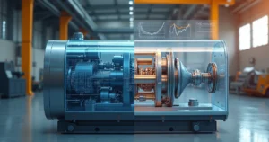 Máquina industrial metade em operação e metade como desenho técnico em sobreposição