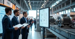 Consultores industriais observam linha de produção em funcionamento