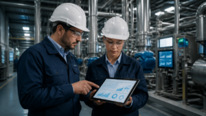 Profissionais analisando dados operacionais em uma planta industrial moderna