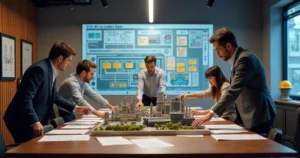 Equipe avalia maquete industrial com painel indicando fases FEL em sala de projeto