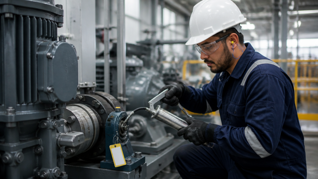 Técnico de manutenção realizando lubrificação controlada em equipamento industrial rotativo.