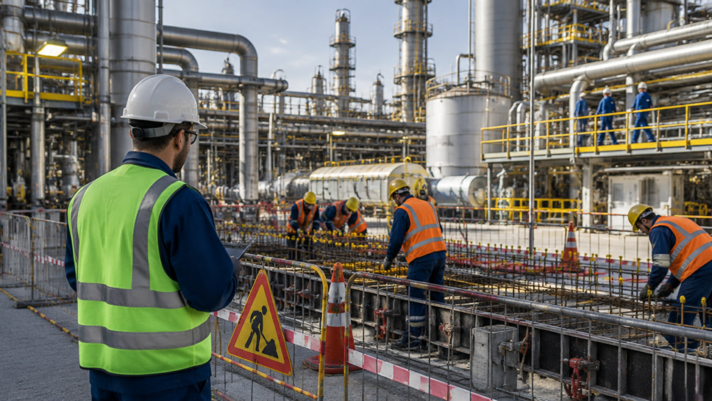 Equipe de obra usando equipamentos de proteção em área segregada dentro de uma planta industrial em operação