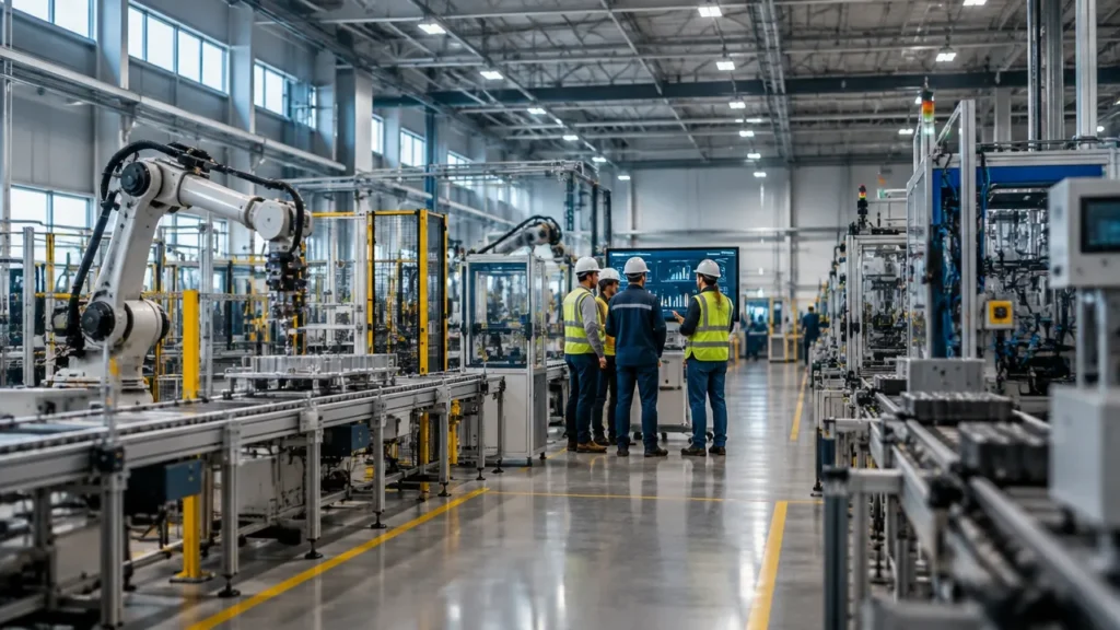 Equipe industrial analisa dados em uma fábrica automatizada, representando a integração entre gestão, tecnologia e produção.