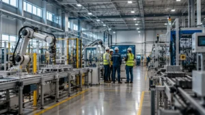 Equipe industrial analisa dados em uma fábrica automatizada, representando a integração entre gestão, tecnologia e produção.