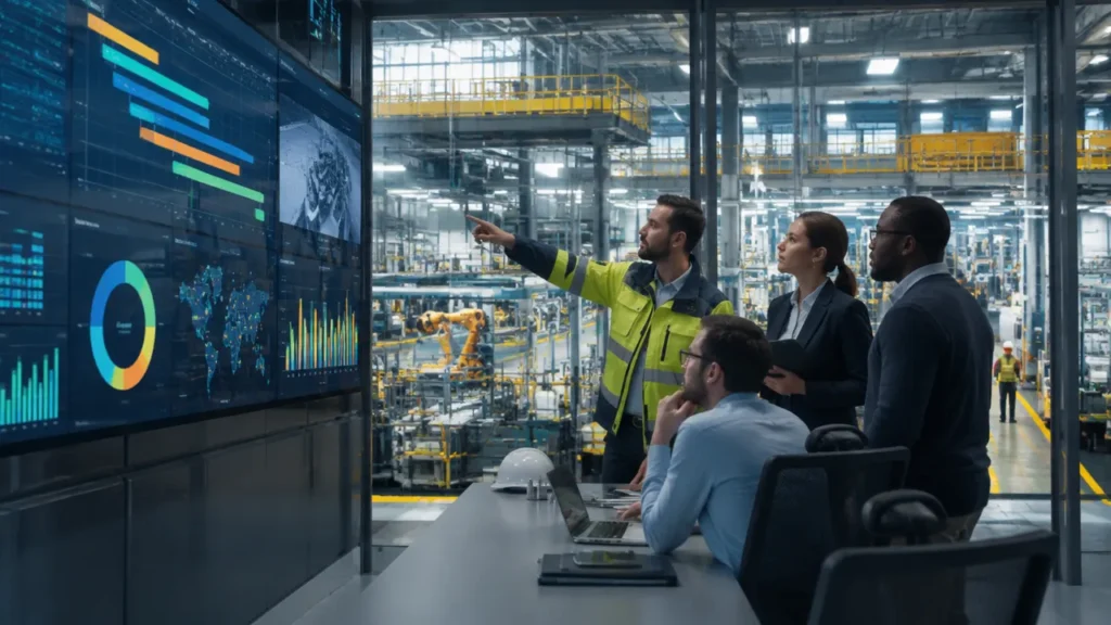 Equipe industrial analisa projetos e indicadores em uma sala de controle digital