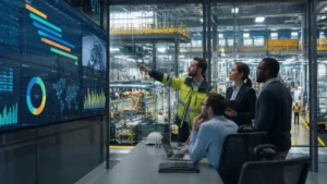 Equipe industrial analisa projetos e indicadores em uma sala de controle digital