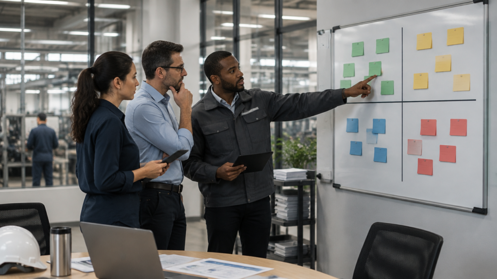 Equipe industrial analisando uma matriz de criticidade para priorizar fornecedores