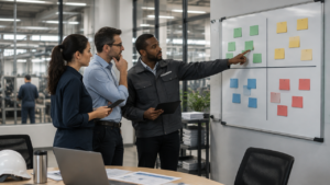 Equipe industrial analisando uma matriz de criticidade para priorizar fornecedores