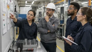 Equipe industrial reunida no local de trabalho para discutir oportunidades de melhoria contínua