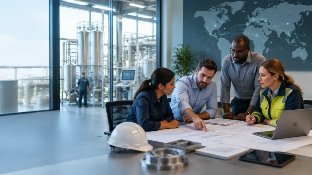 Equipe multicultural de engenharia analisando um projeto industrial com a fábrica ao fundo
