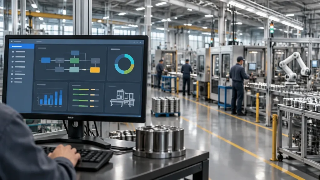 Fábrica moderna com painel digital de produção, representando a integração entre gestão empresarial e operações industriais