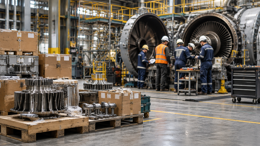 Materiais e componentes industriais preparados para uma parada programada de manutenção
