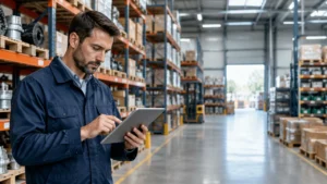 Planejador industrial avaliando níveis de estoque em um almoxarifado organizado
