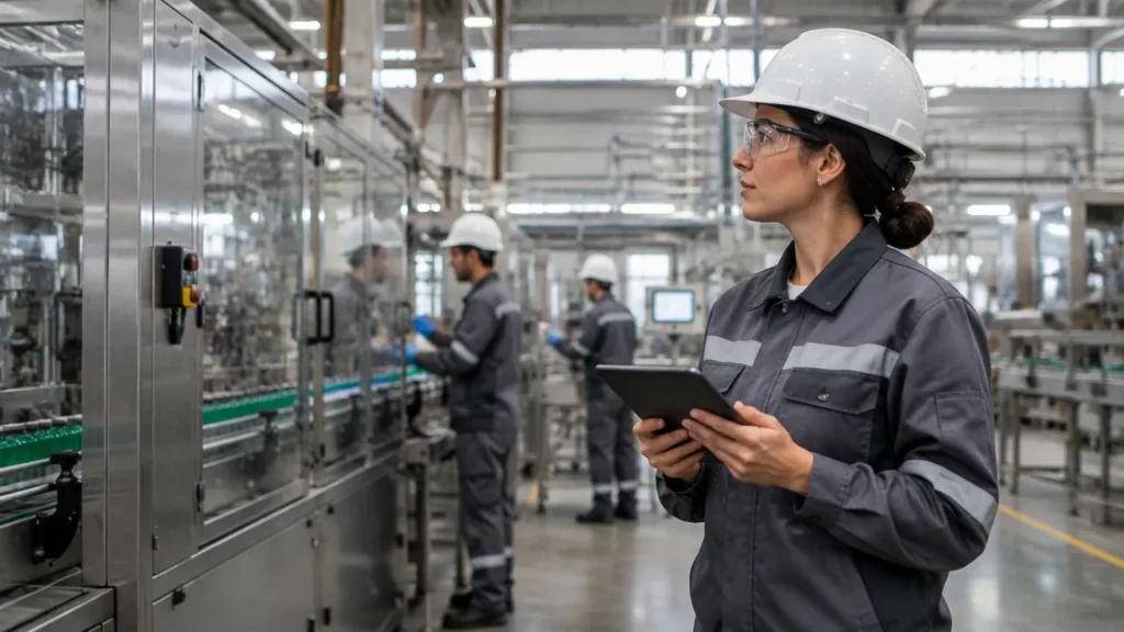 Supervisora acompanha uma rotina industrial com tablet enquanto a equipe mantém o processo digital em operação.