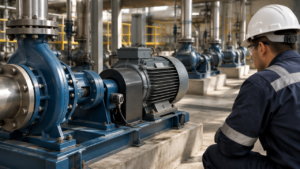 Técnico avalia sensor instalado em um motor industrial enquanto outros ativos permanecem sem instrumentação